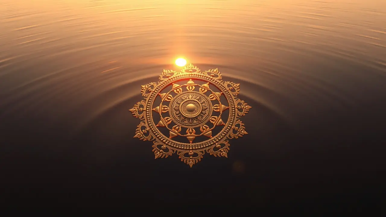Sonhar com Roda do Dharma: Significados e Interpretações Roda do Dharma dourada refletida na água.
