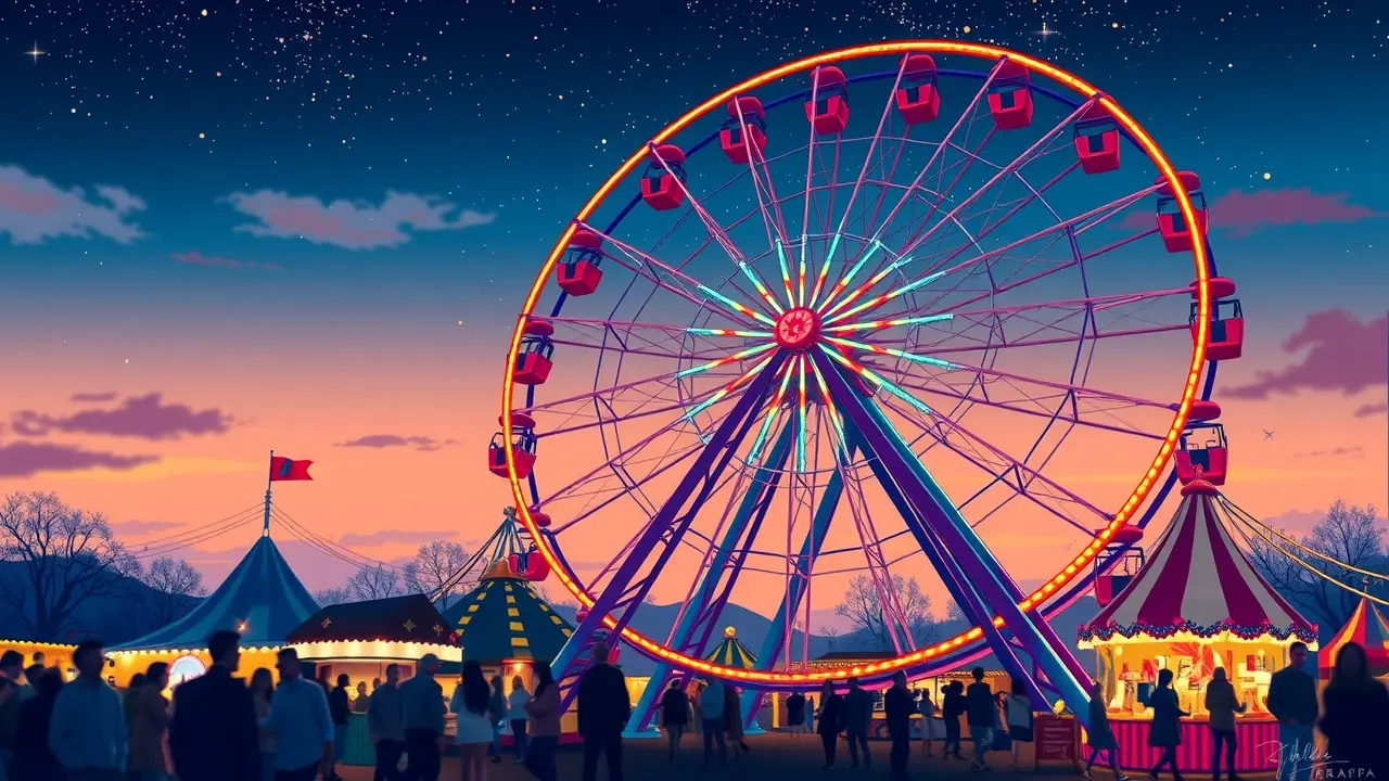 Sonhar com Roda-Gigante: Descubra os Significados e Interpretações! Ilustração colorida de roda-gigante iluminada à noite.