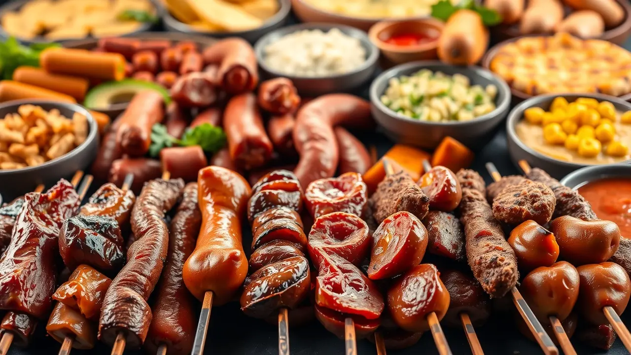 Variedade de carnes e acompanhamentos em rodízio brasileiro.