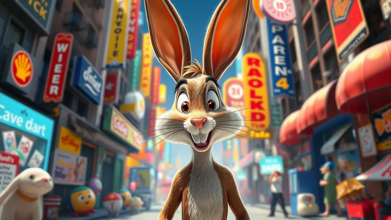 Roger Rabbit em ambiente urbano caótico.