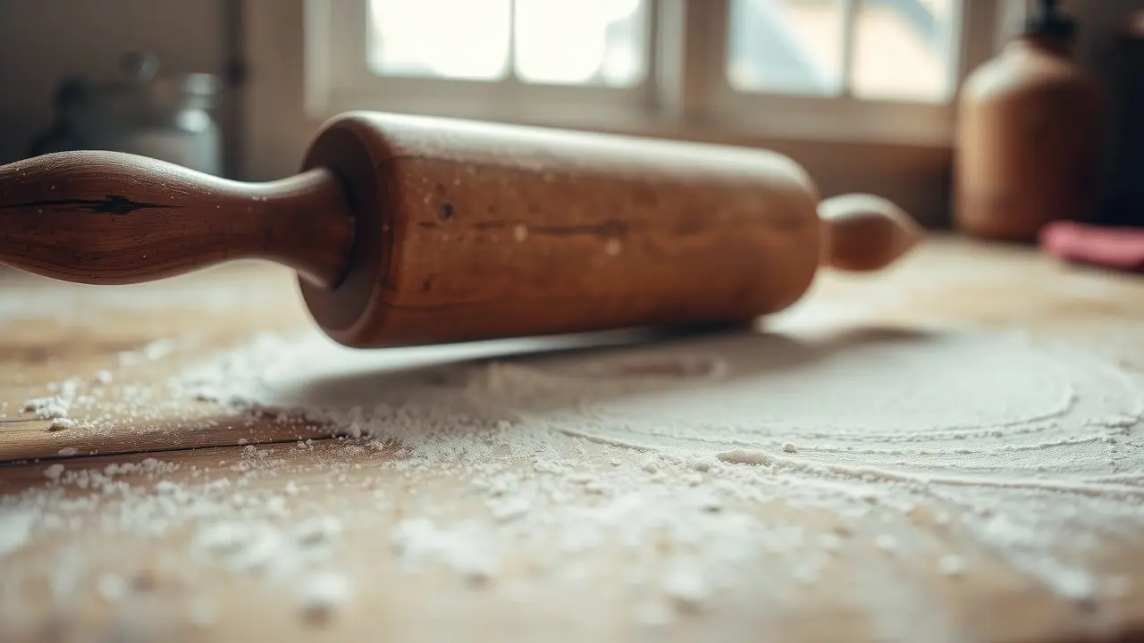 Rolo de massa de madeira sobre superfície enfarinhada