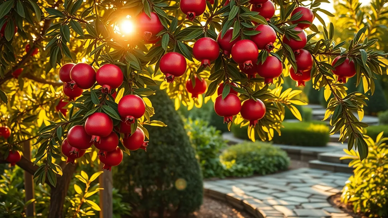 Romãzeira carregada de romãs maduras