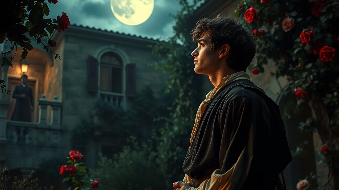 Sonhar com Romeu Montéquio: Descubra o Significado! Jovem vestido como Romeu Montéquio em jardim iluminado pela lua.