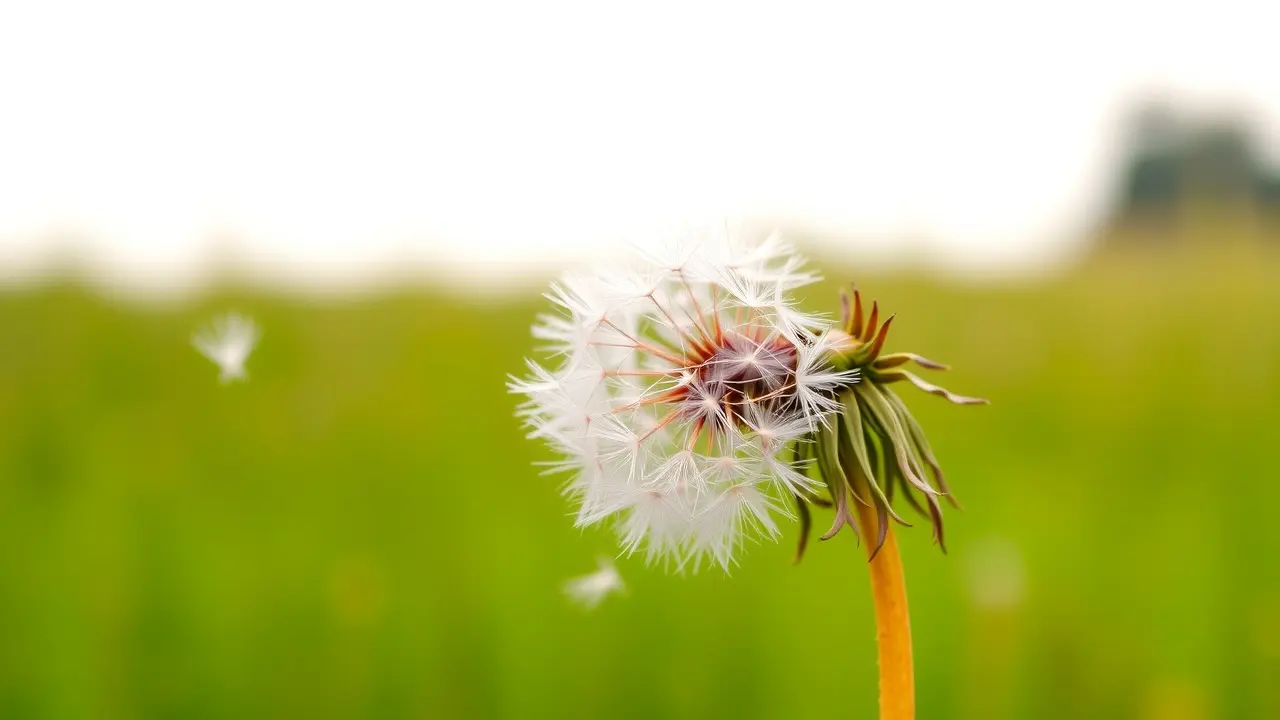 Sementes de dente-de-leão se dispersando ao vento, simbolizando rompimento e novos começos.