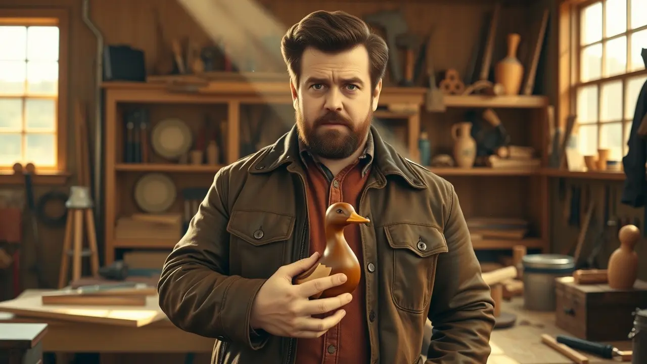 Significado de Sonhar com Ron Swanson: Uma Análise Profunda Homem barbudo segurando um pato de madeira, sonho com Ron Swanson