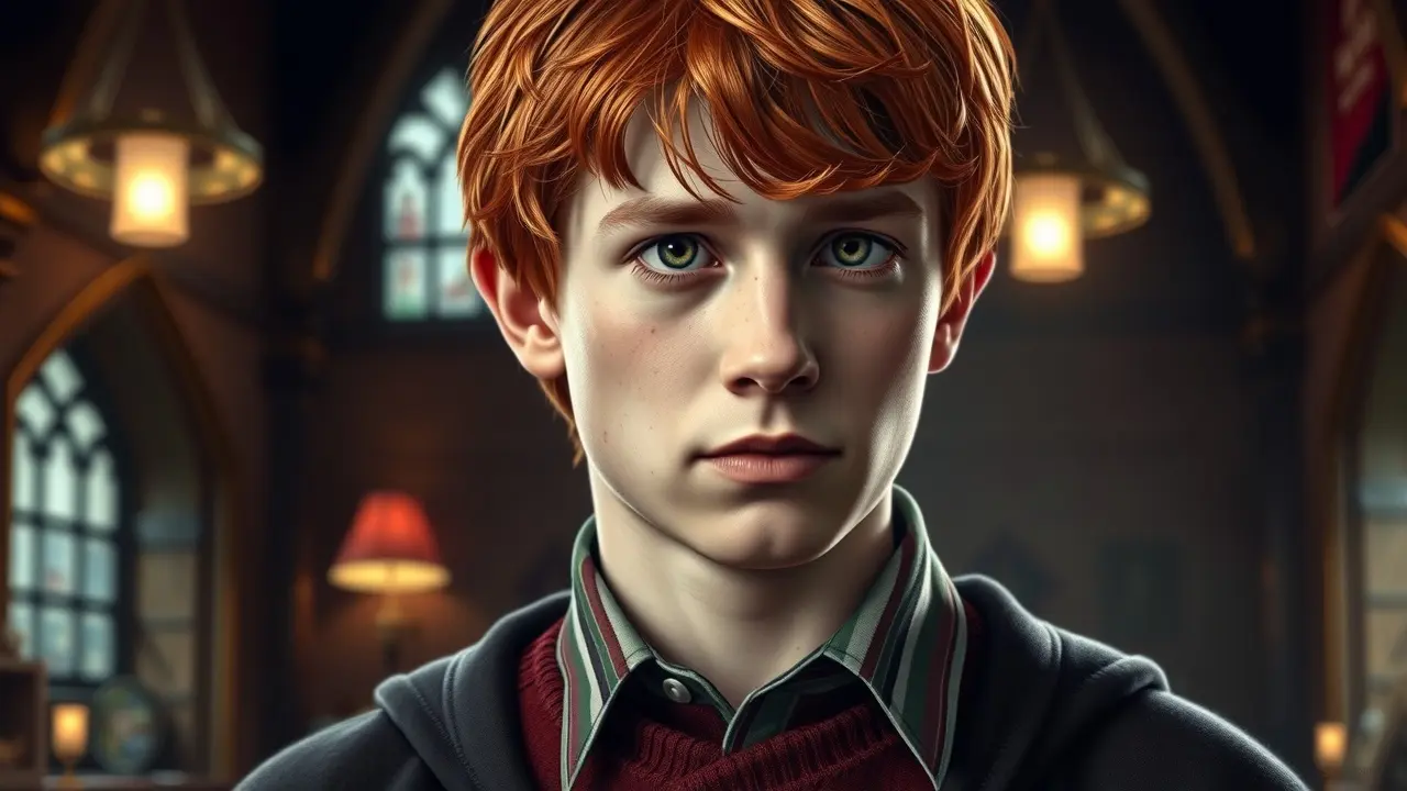 Significado de Sonhar com Ron Weasley: Amizade, Lealdade e Mais Ron Weasley pensativo com uniforme de Hogwarts