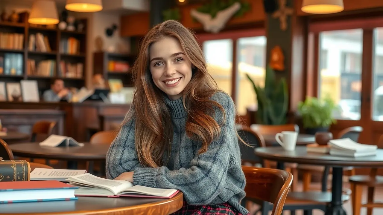 Sonhar com Rory Gilmore: Descubra o Significado por Trás do Sonho Mulher sorrindo em café, simbolizando ambição.