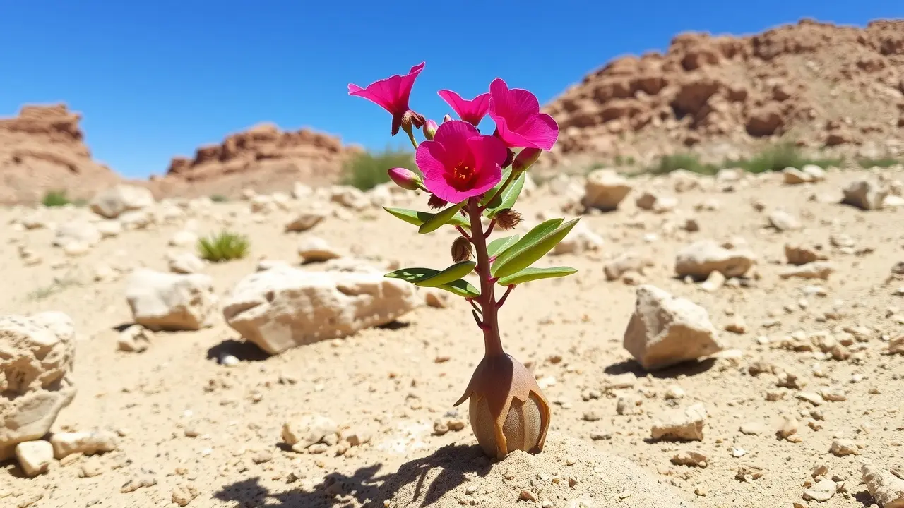 Rosa-do-deserto florescendo em ambiente árido.