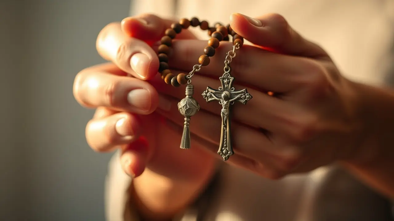 Mãos segurando um rosário de madeira.