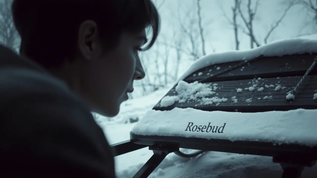 Pessoa nostálgica olhando para trenó Rosebud na neve