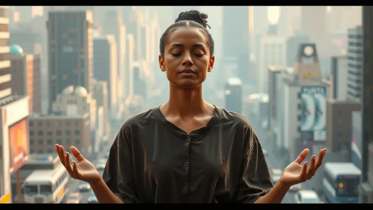 Pessoa meditando em meio à rotina da cidade