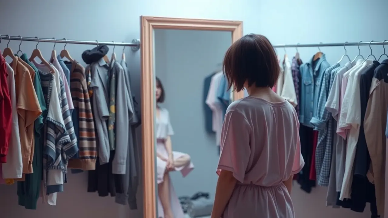 Significado de Sonhar com Roupa: Descubra as Mensagens Ocultas! Pessoa se olhando no espelho cercada por roupas