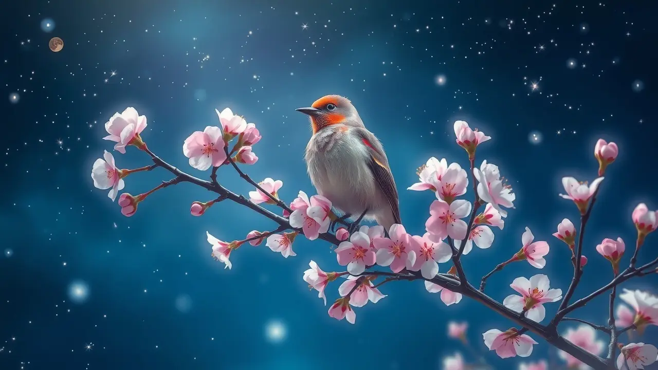 Rouxinol cantando em cerejeira florida.