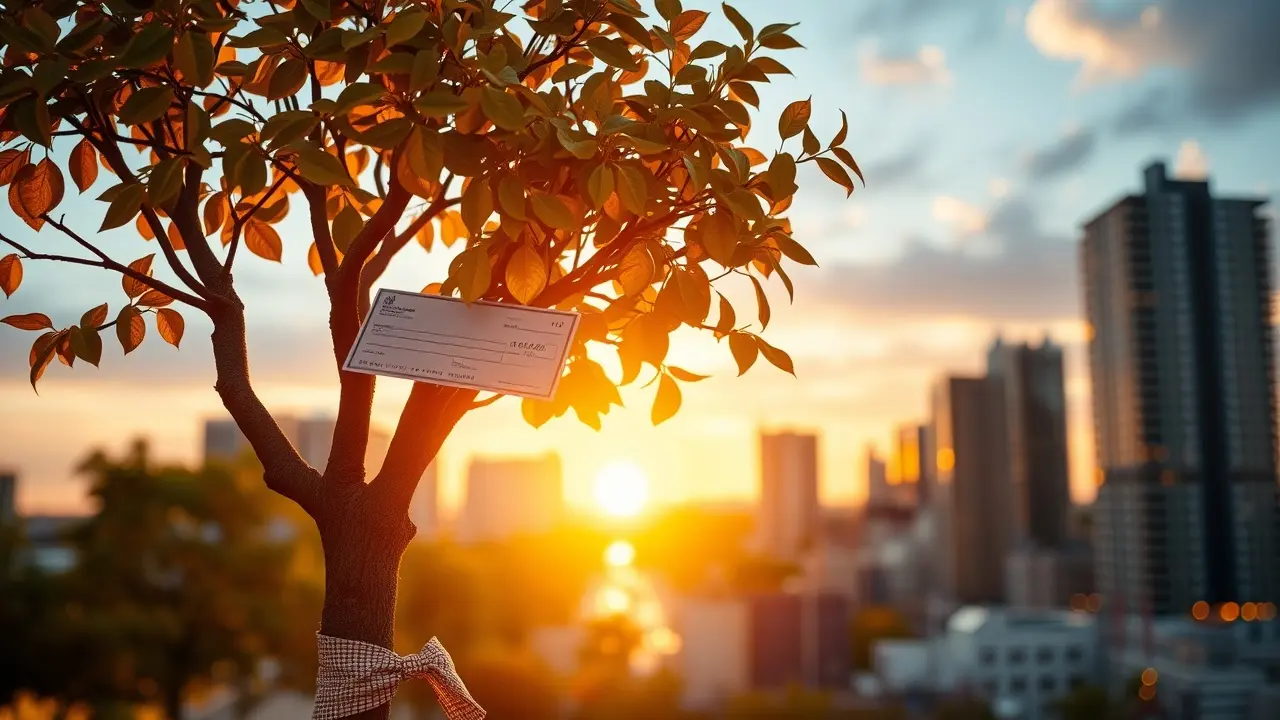 Sonhar com Royalties: Descubra o Significado e as Implicações Árvore de moedas de ouro com cheques de royalties.