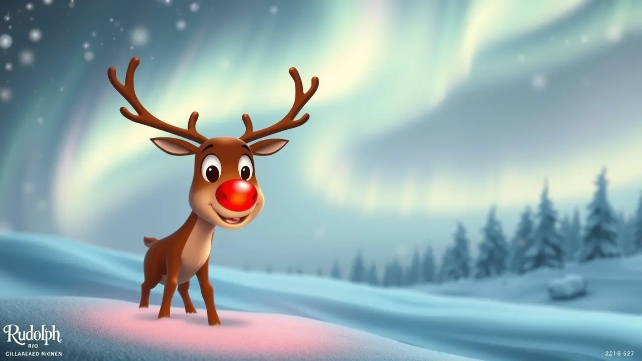 Rudolph, a rena de nariz vermelho brilhando na neve