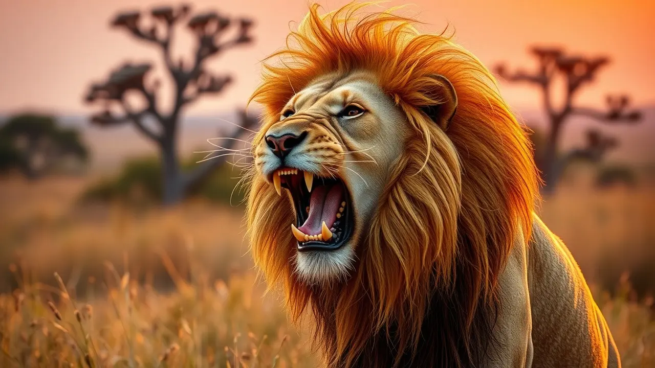 O Significado Oculto de Sonhar com Rugido: Desvende os Segredos! Leão rugindo na savana ao pôr do sol