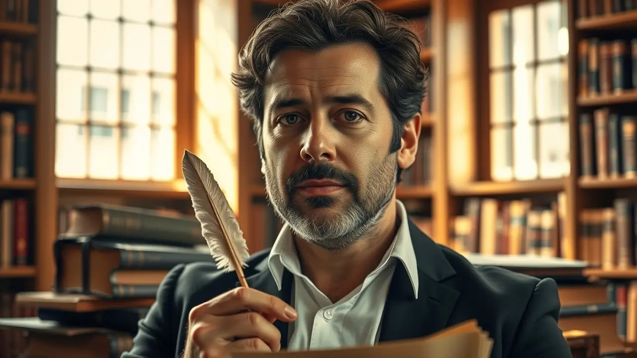 Retrato de Rui Barbosa com pena e livros.