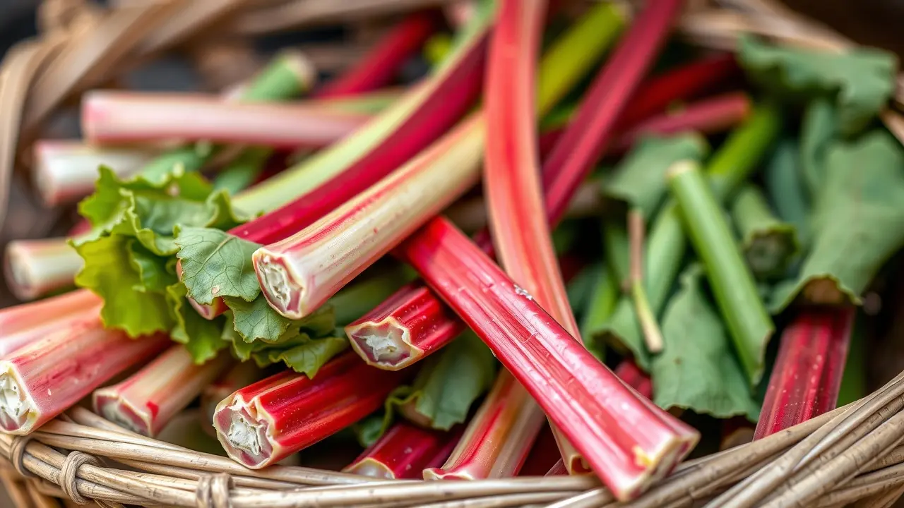 Talos de ruibarbo frescos em uma cesta de madeira