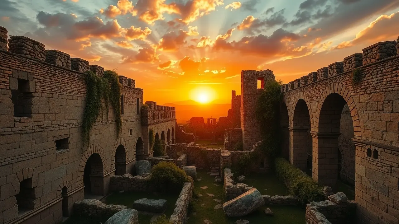 Sonhar com Ruína: Desvendando os Significados Ocultos Ruínas antigas sob um pôr do sol dramático
