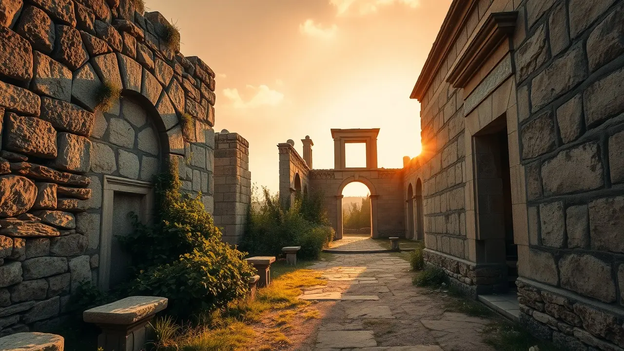 Ruínas antigas sob a luz do sol poente.