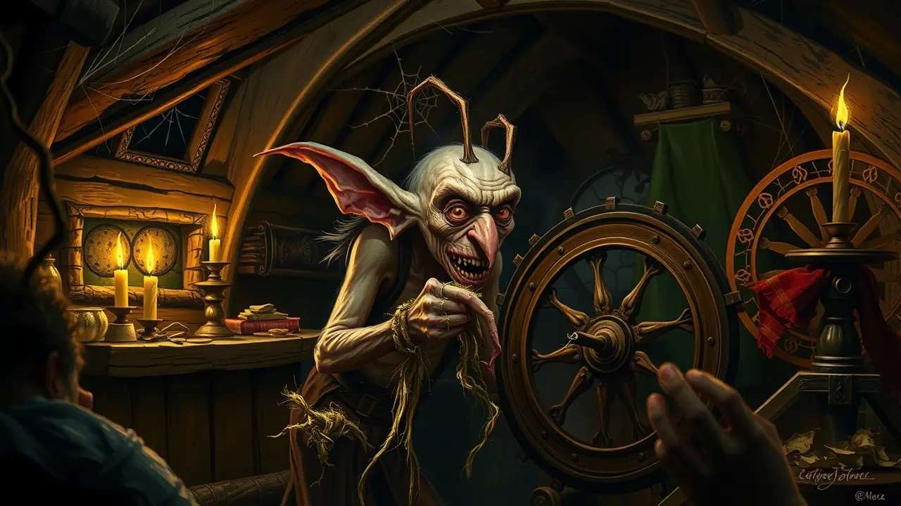 Sonhar com Rumpelstiltskin: Desvende os Segredos Ocultos do Seu Subconsciente Criatura grotesca fiando palha em ouro, representando Rumpelstiltskin.