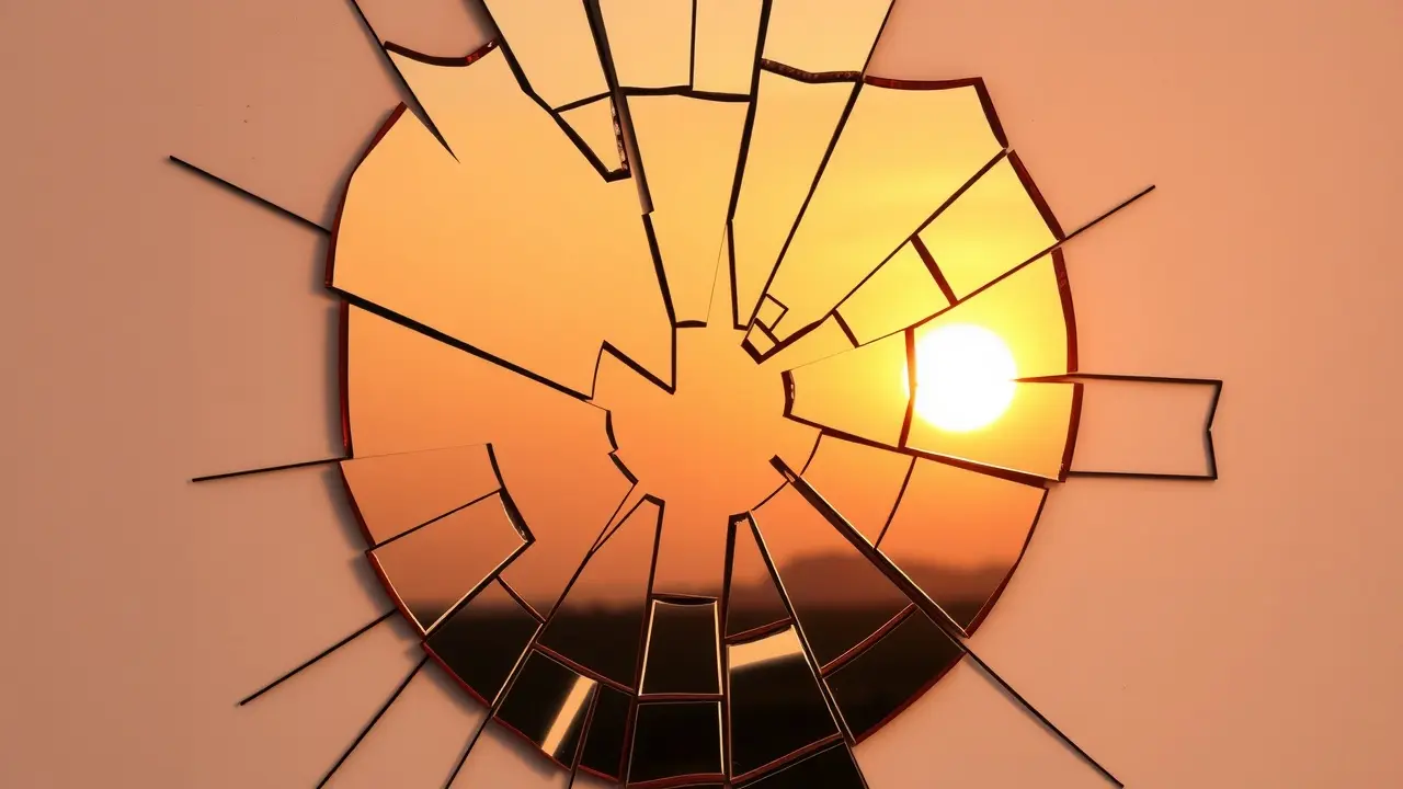 Espelho quebrado refletindo o amanhecer após uma ruptura, simbolizando novos começos.