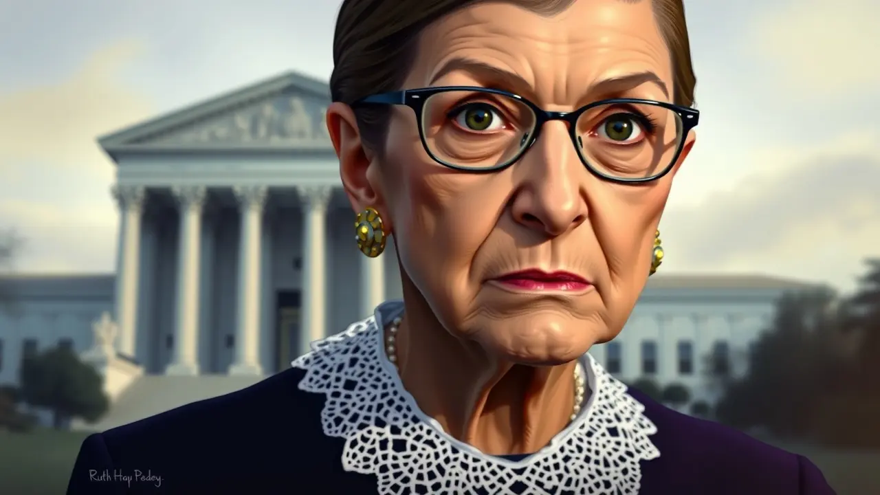 Ilustração de Ruth Bader Ginsburg com gola de renda.