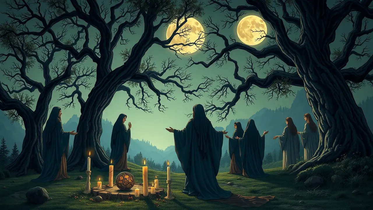 Ilustração de um sabbat místico sob a luz da lua cheia.