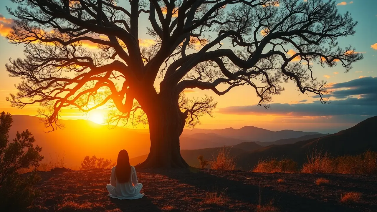 Sonhar com Sabedoria: Decifrando os Significados Profundos Pessoa meditando sob árvore sábia ao pôr do sol.