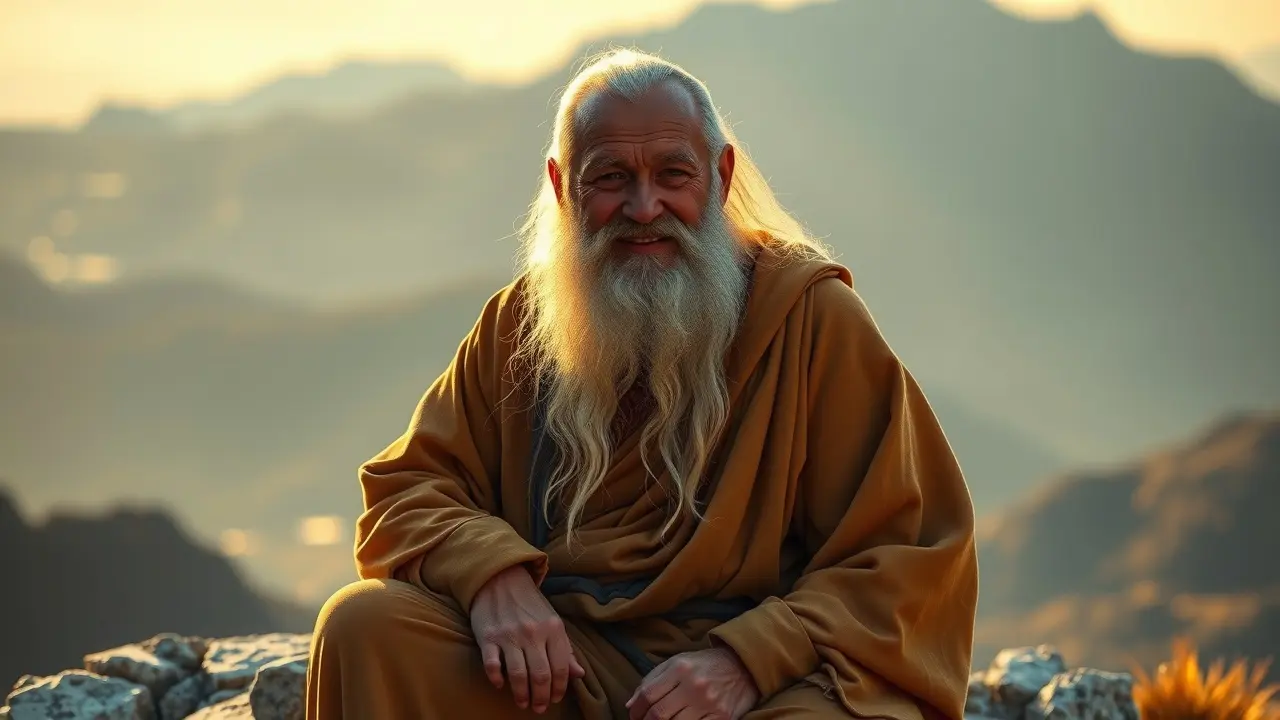 Sonhar com Sábio: Descubra o Significado Oculto e a Sabedoria Interior Um sábio de barba branca em uma montanha ao nascer do sol.