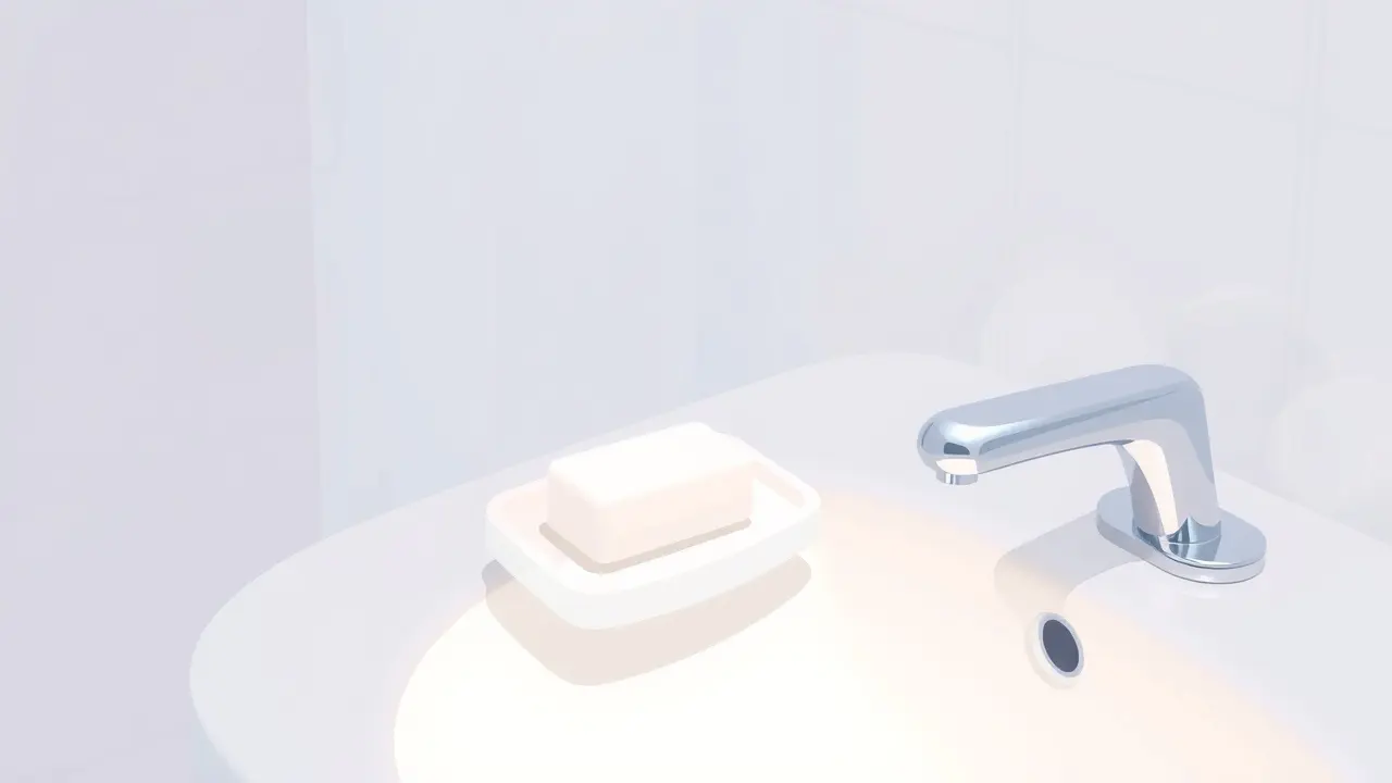 Sonhar com Saboneteira: Descubra o Significado e as Interpretações Ilustração de uma saboneteira com sabonete branco em um lavatório, simbolizando limpeza e cuidado.