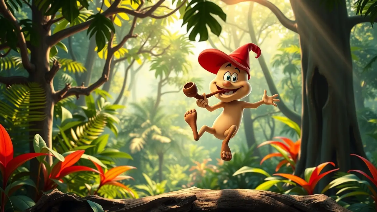 Saci-Pererê pulando na floresta brasileira