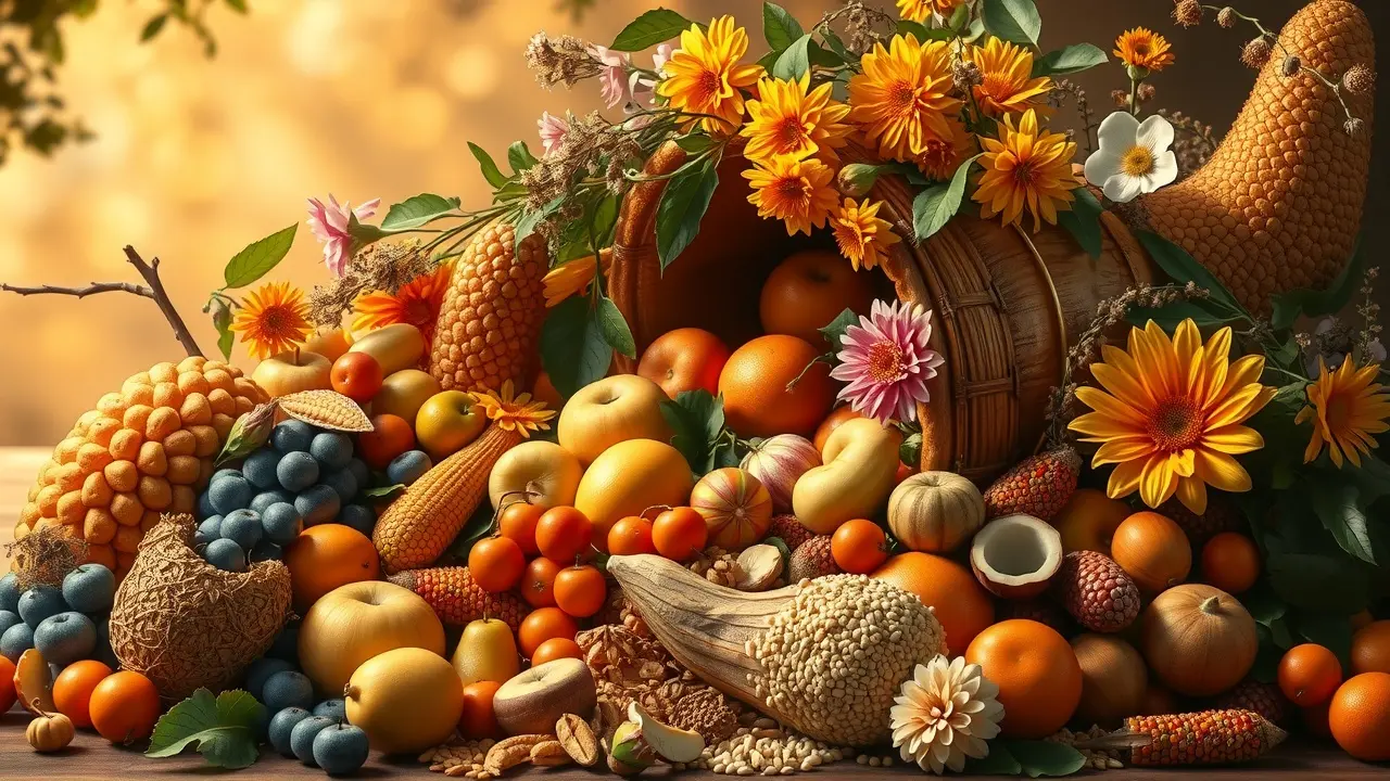 Sonhar com Saciedade: Descubra o Significado e as Mensagens do Seu Subconsciente Cornucópia dourada transbordando, simbolizando saciedade.