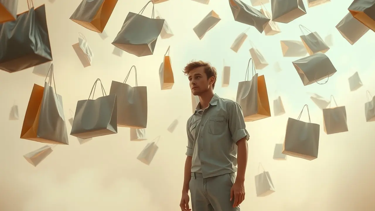 Homem pensativo cercado por sacolas flutuantes em um sonho