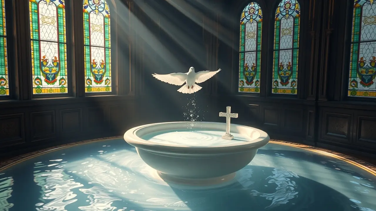 Sonho com sacramento: fonte batismal iluminada.