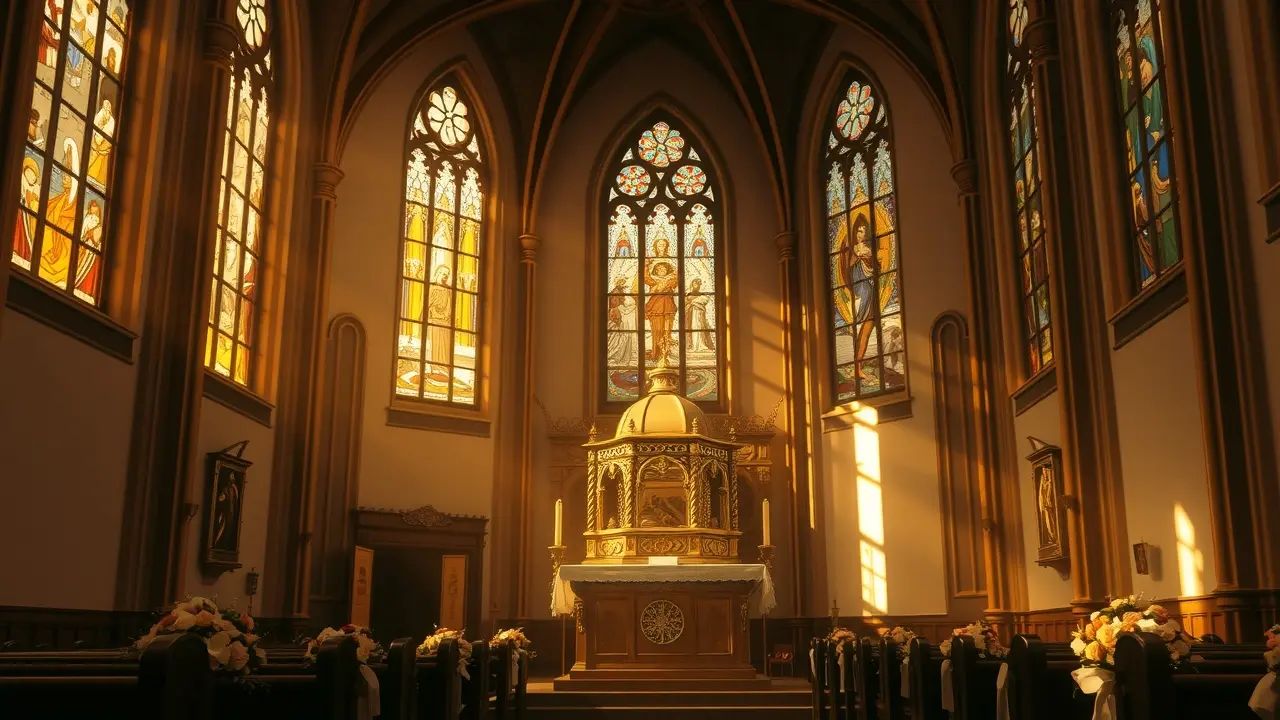 Sacrário dourado iluminado em igreja.