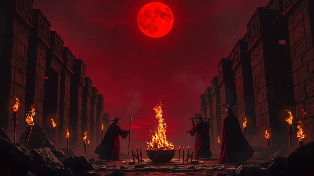Ilustração de um sacrifício ritualístico sob uma lua vermelha.
