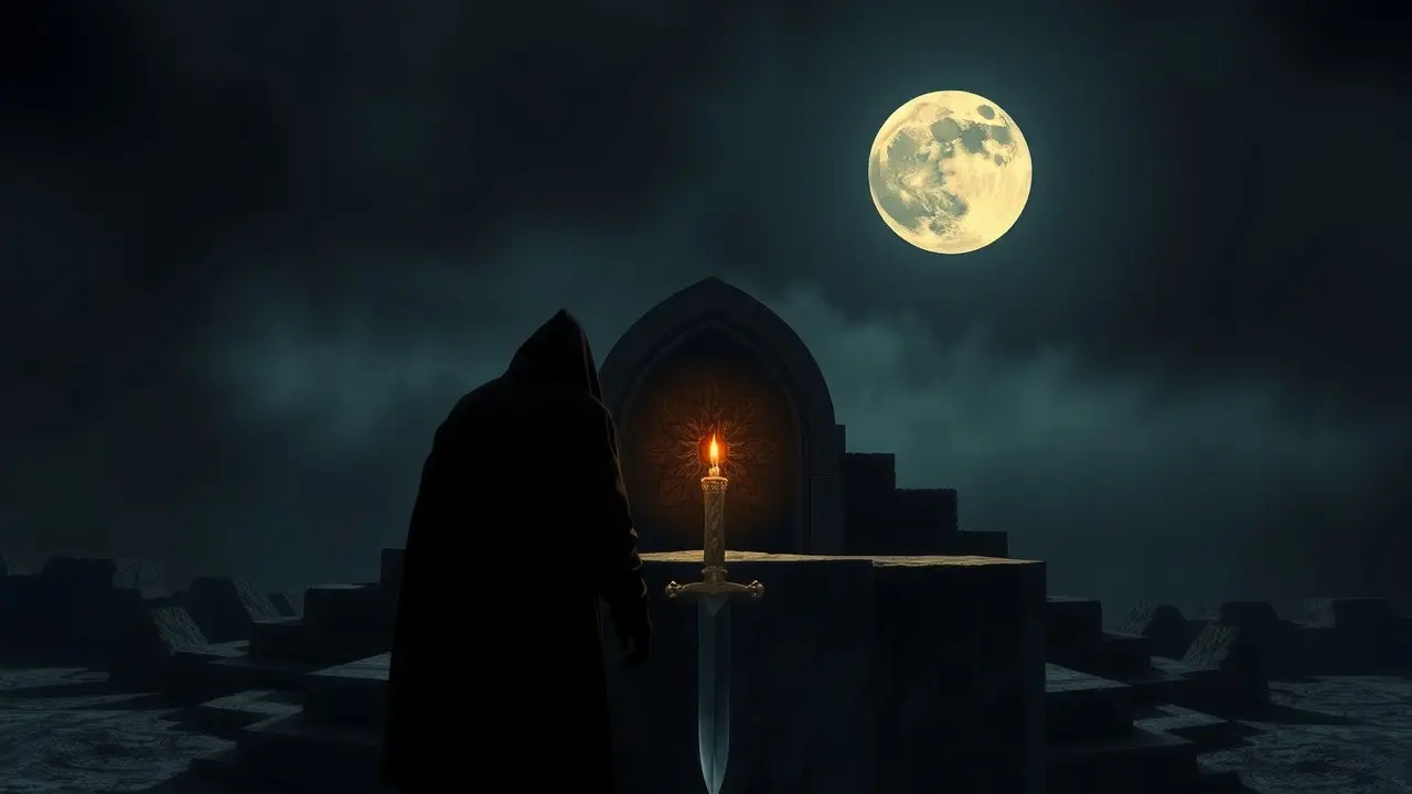 Sonhar com Sacrifício: Desvendando os Significados Ocultos Cena sombria de altar de sacrifício sob a lua.