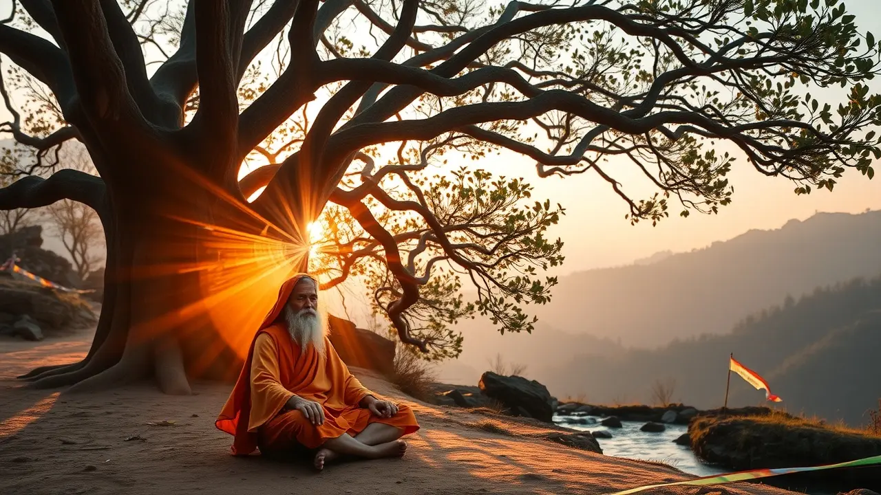 Sadhu meditando sob árvore: paz e sabedoria