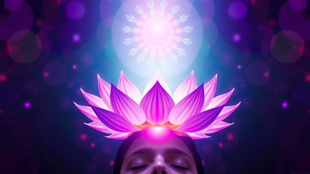 Sonhar com Sahasrara: Desvendando o Significado Espiritual Ilustração do chakra Sahasrara, lótus violeta radiante.