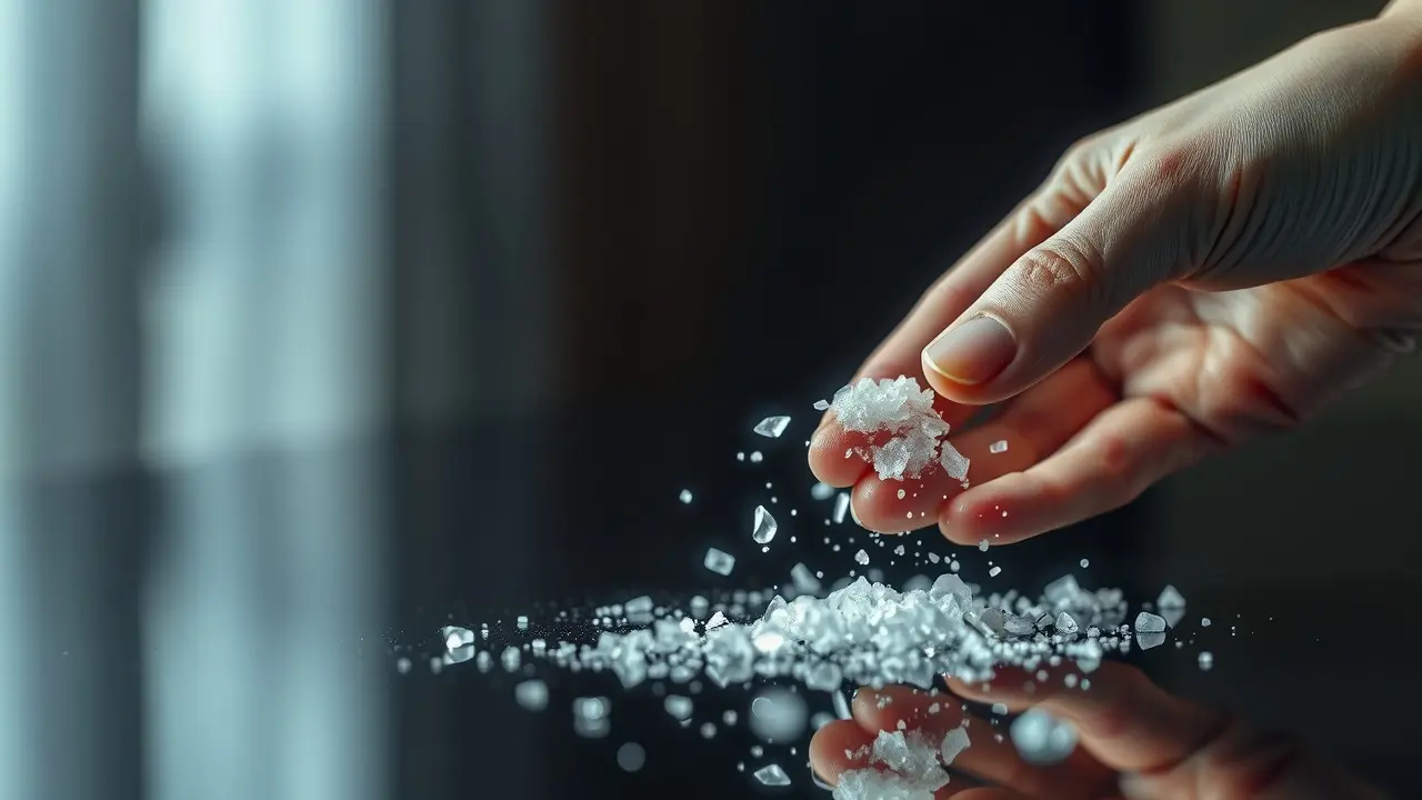 Mão salpicando sal cristalino