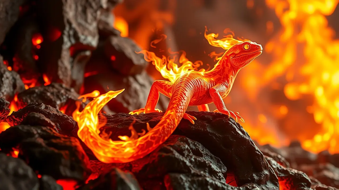 Salamandra de fogo em paisagem de fogo