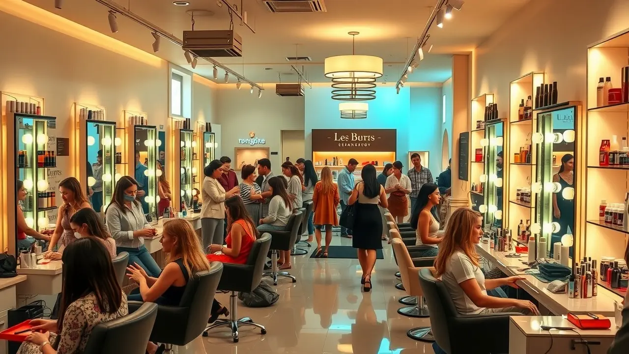 Salão de beleza movimentado com clientes e profissionais trabalhando.