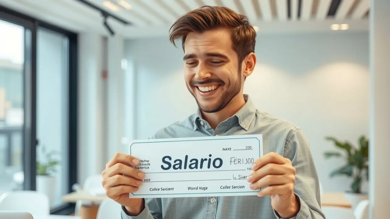 Sonhar com Salário: Descubra o Significado e as Interpretações! Pessoa feliz recebendo cheque de salário.