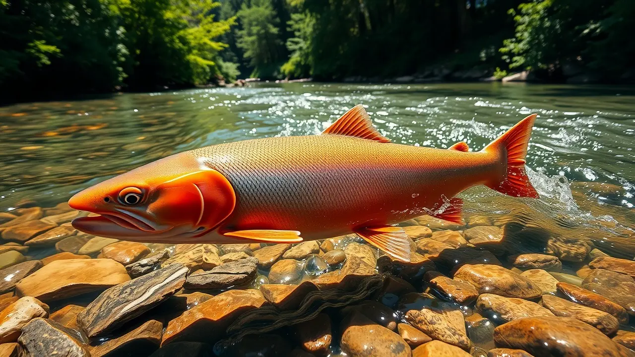 Salmão nadando contra a corrente.