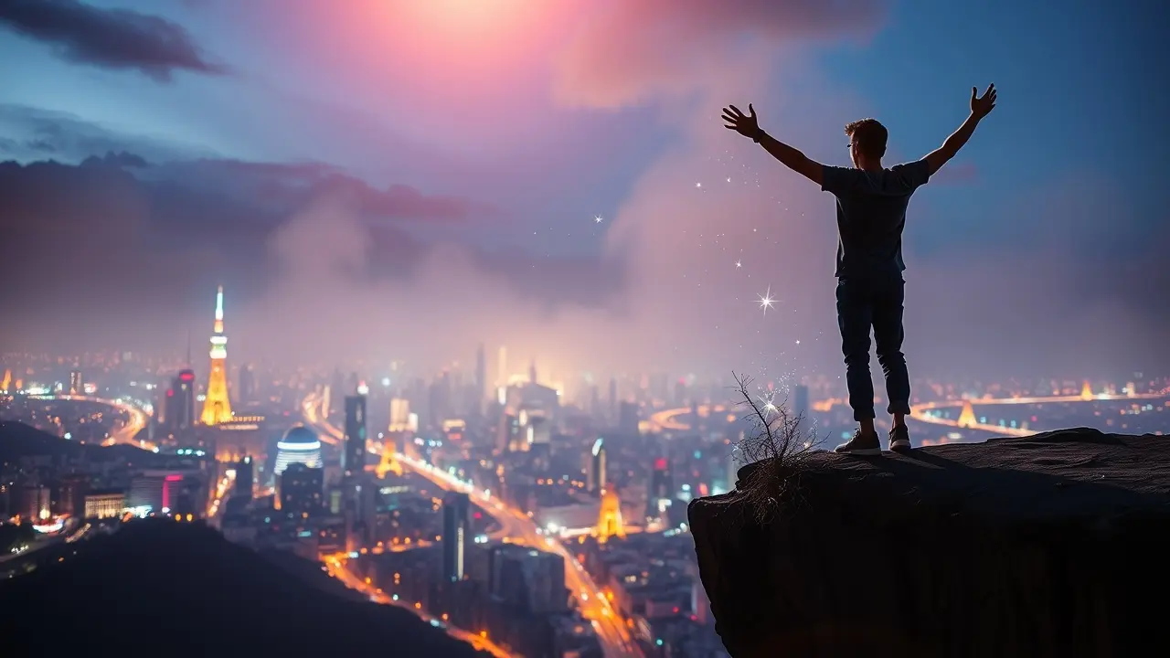 Mulher se preparando para saltar em direção à cidade dos sonhos.