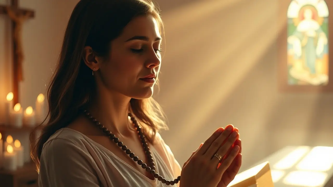 Mulher rezando com rosário, simbolizando fé e esperança.