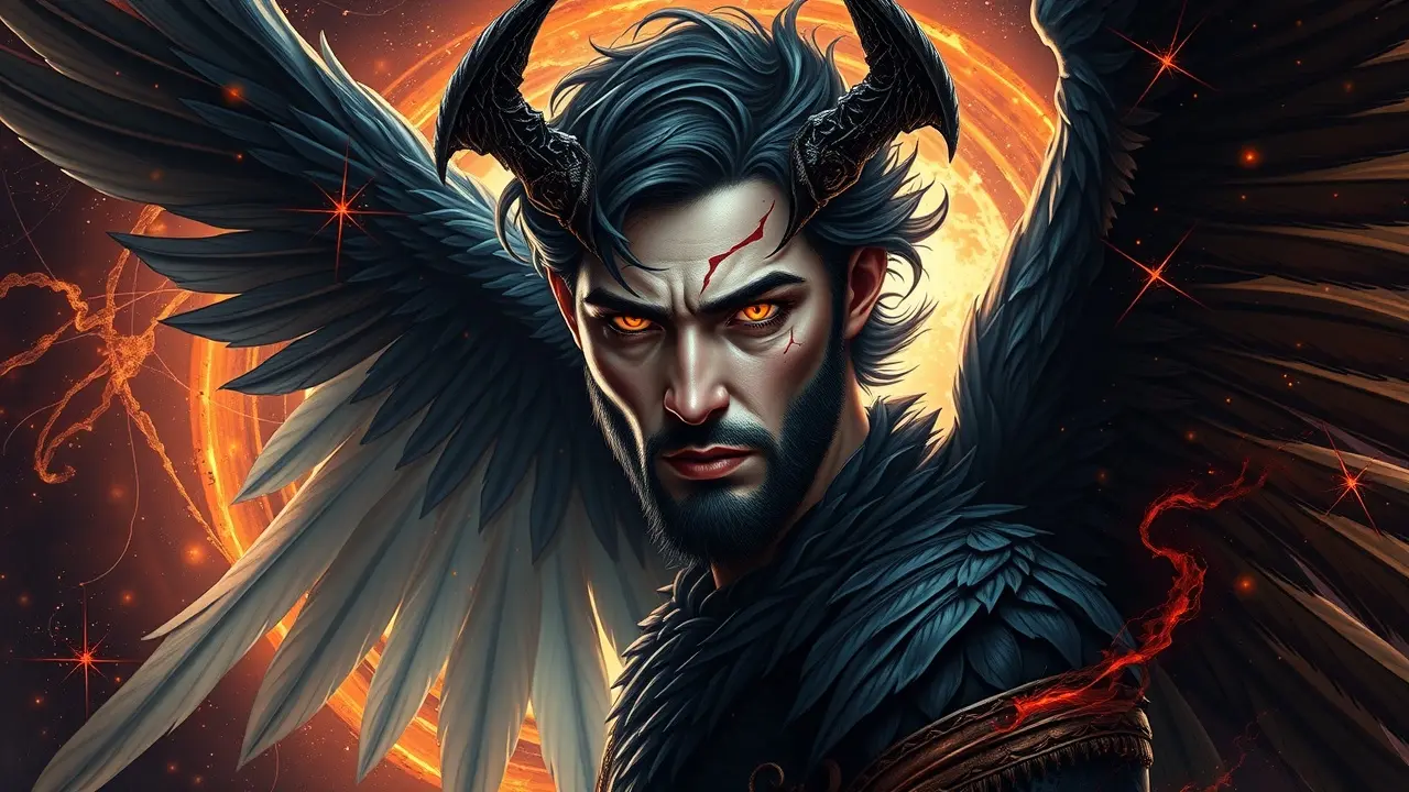 Sonhar com Samael: Desvende os Significados e Simbolismos Ocultos Samael, anjo da morte, com asas escuras e olhar dual