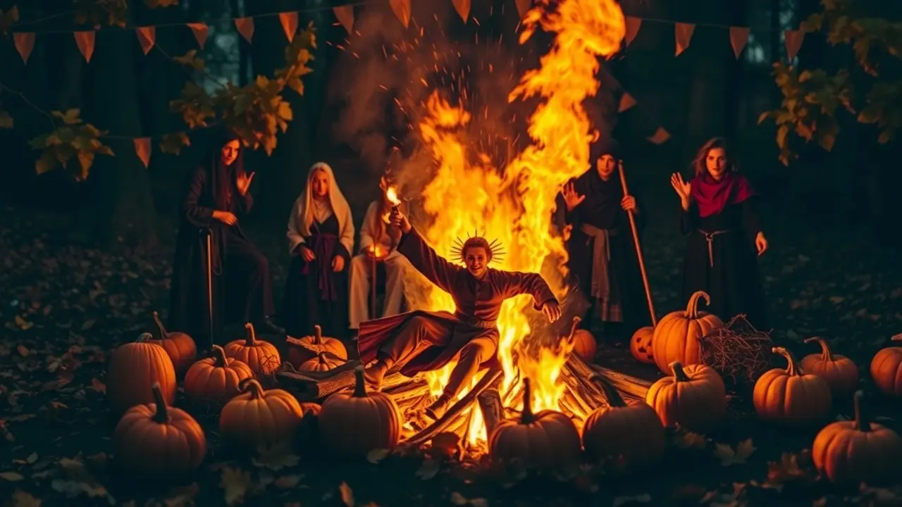 Sonhar com Samhain: Descubra o Significado e a Simbologia Celebração de Samhain com fogueira, abóboras e pessoas vestidas para o ritual.