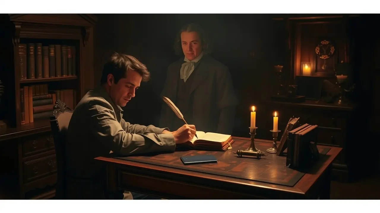 Sonhador escrevendo com Samuel Pepys observando